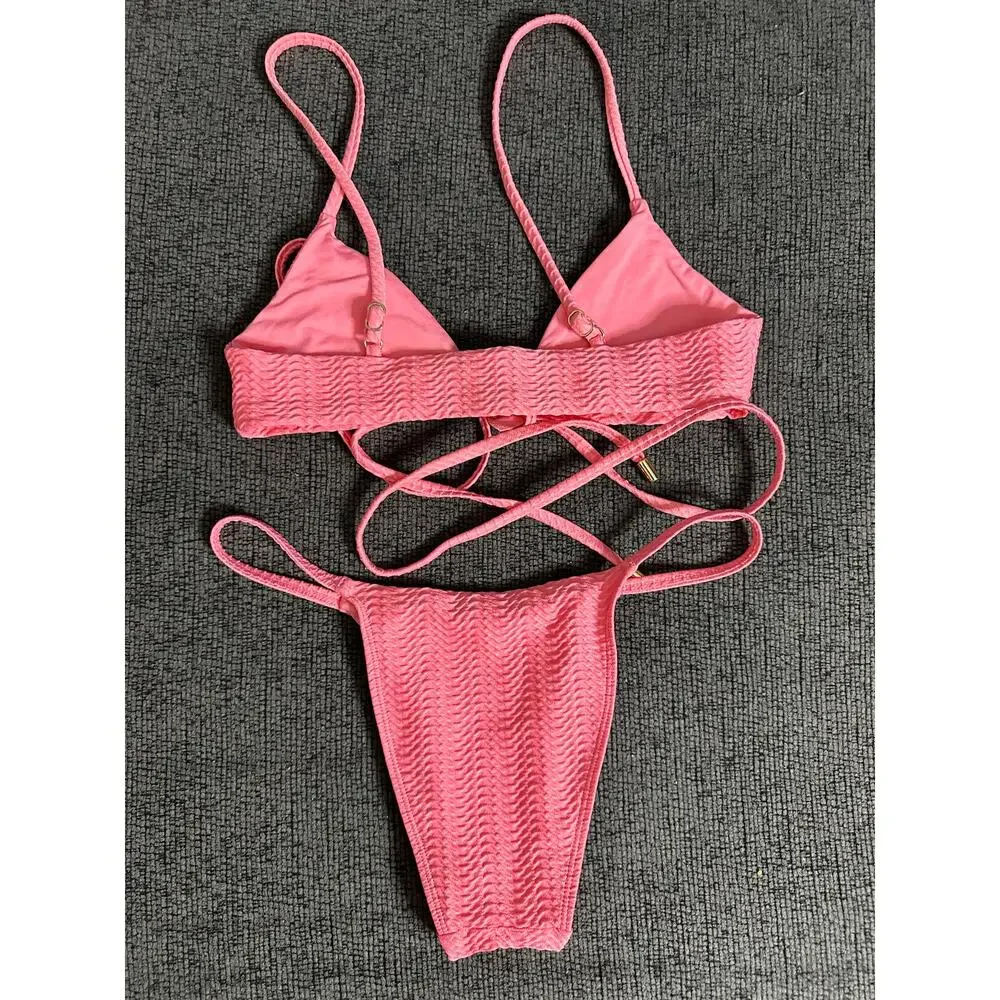 Monday Swimwear St.martin Bikini Top Bottom Set Textured in Azalea Pink size P/S